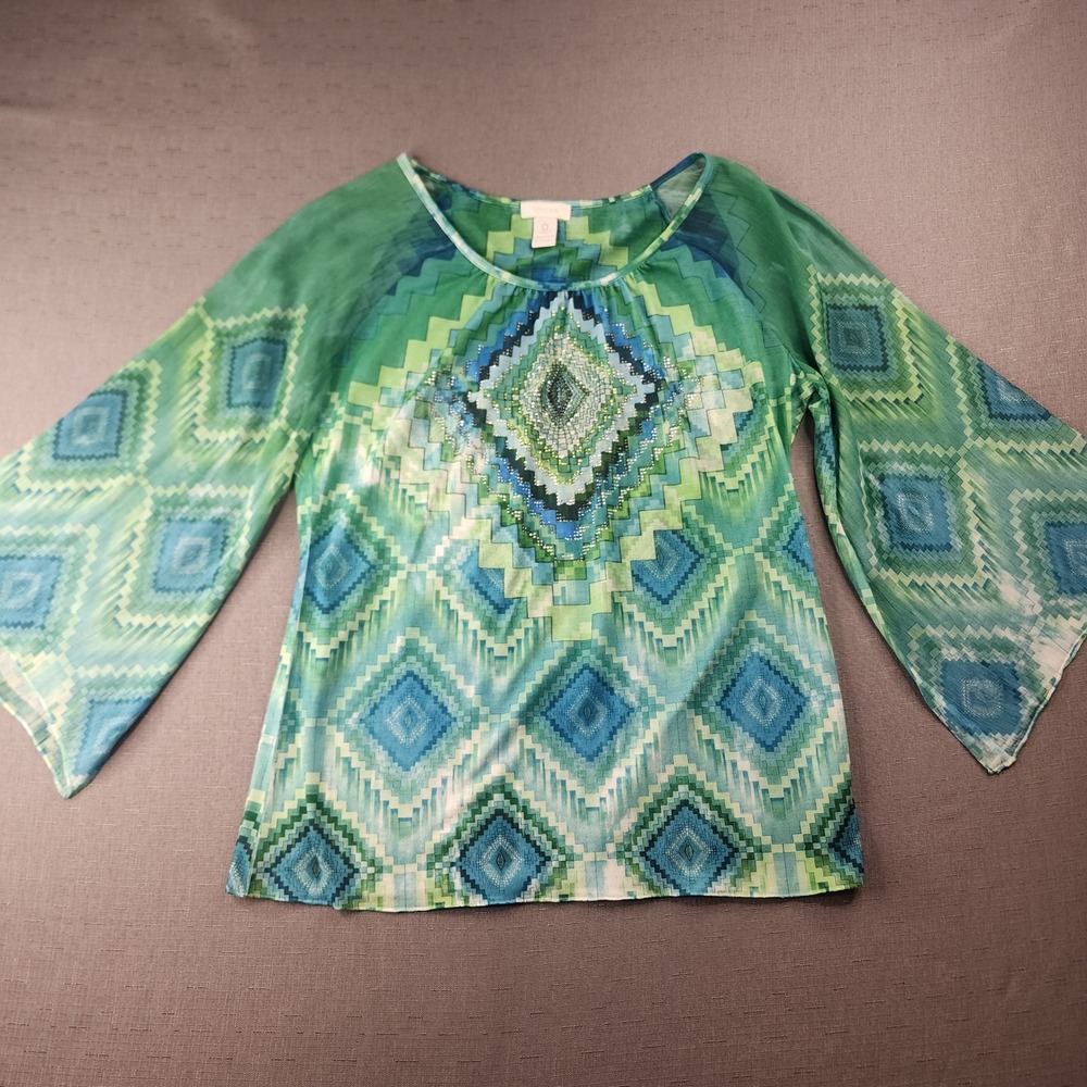 Chicos Geometric Rhinestone Bell Sleeve Top Blue Green Size 0 Small